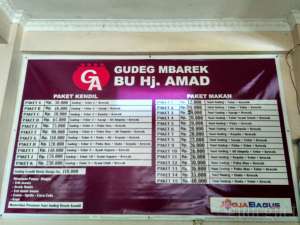 Daftar Menu di Warung Gudeg Bu Amad